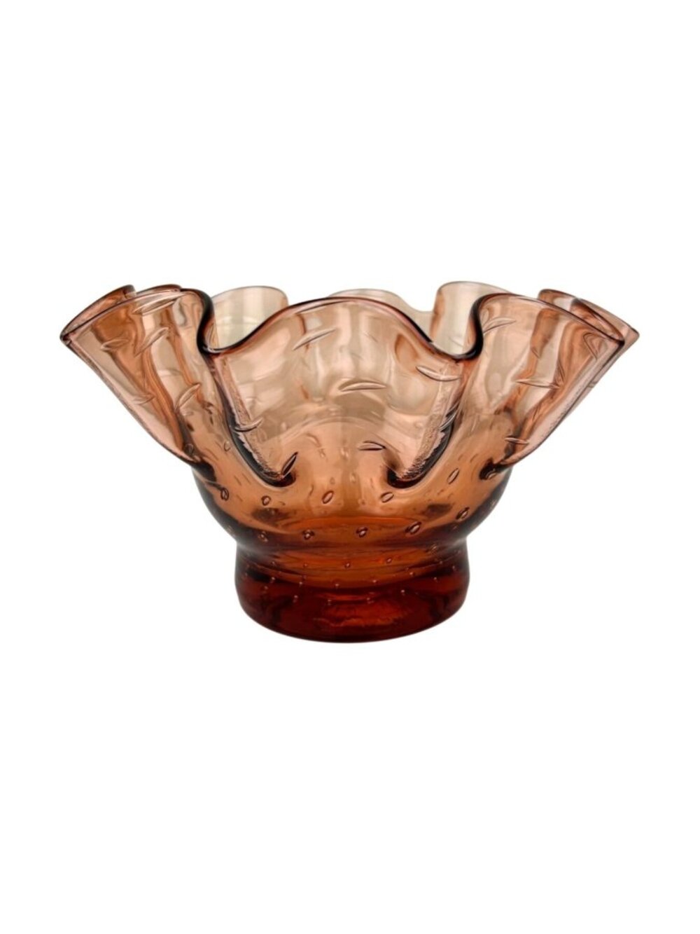 Ruffle Glass Bowl Vintage Peach Amber Controlled Bubble Boho Decor MCM READ